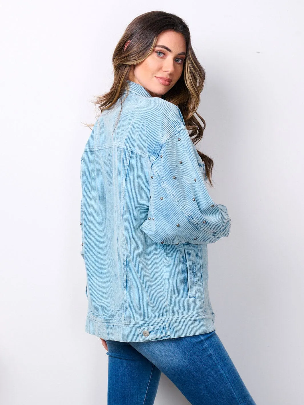 WOMEN'S LONG SLEEVE BUTTON CLOSURE STUDS DETAILED CORDUROY JACKET
