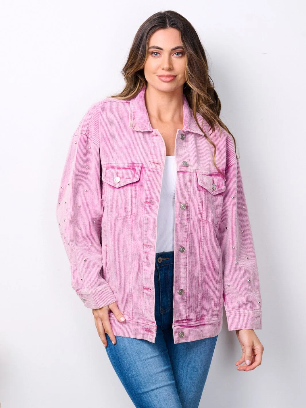 WOMEN'S LONG SLEEVE BUTTON CLOSURE STUDS DETAILED CORDUROY JACKET