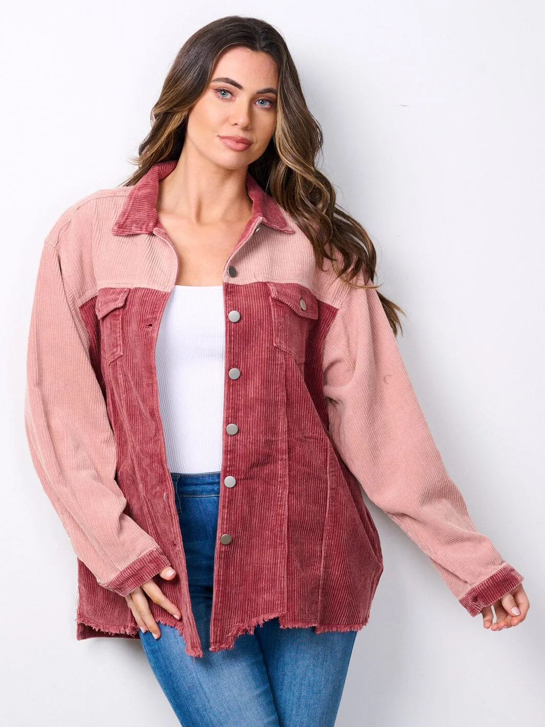 WOMEN'S LONG SLEEVE BUTTON UP COLORBLOCK CORDUROY JACKET