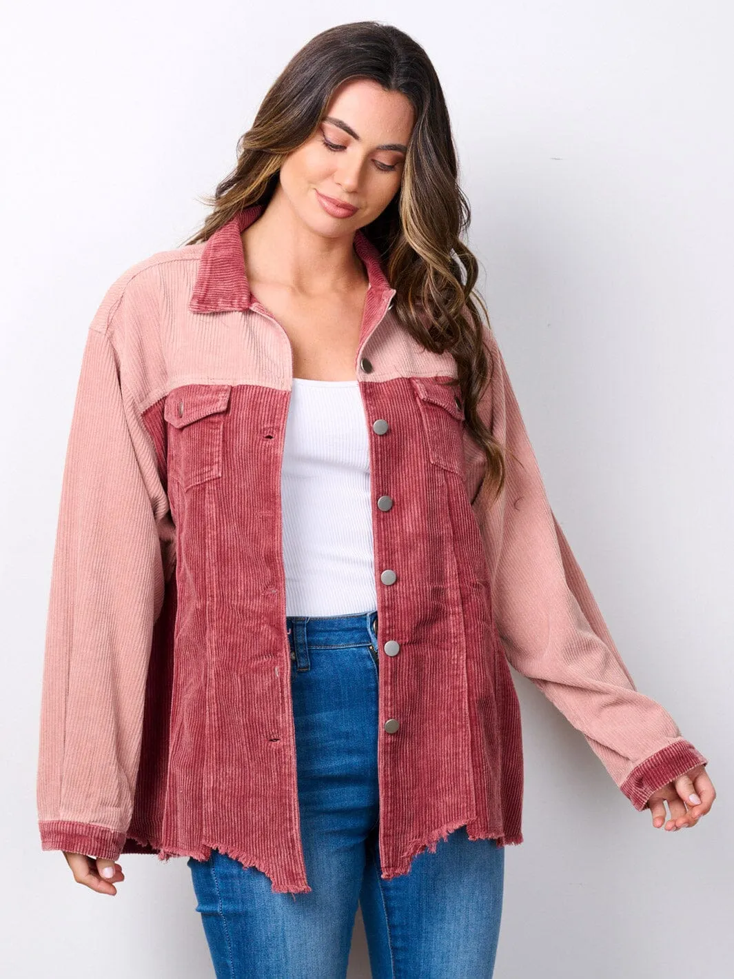 WOMEN'S LONG SLEEVE BUTTON UP COLORBLOCK CORDUROY JACKET