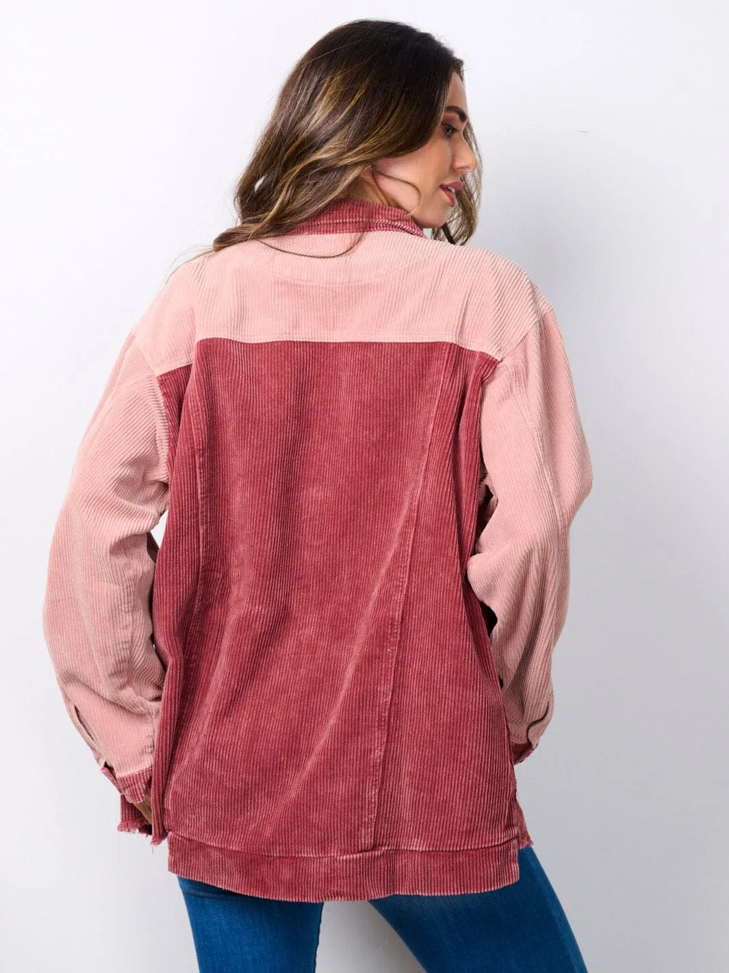 WOMEN'S LONG SLEEVE BUTTON UP COLORBLOCK CORDUROY JACKET