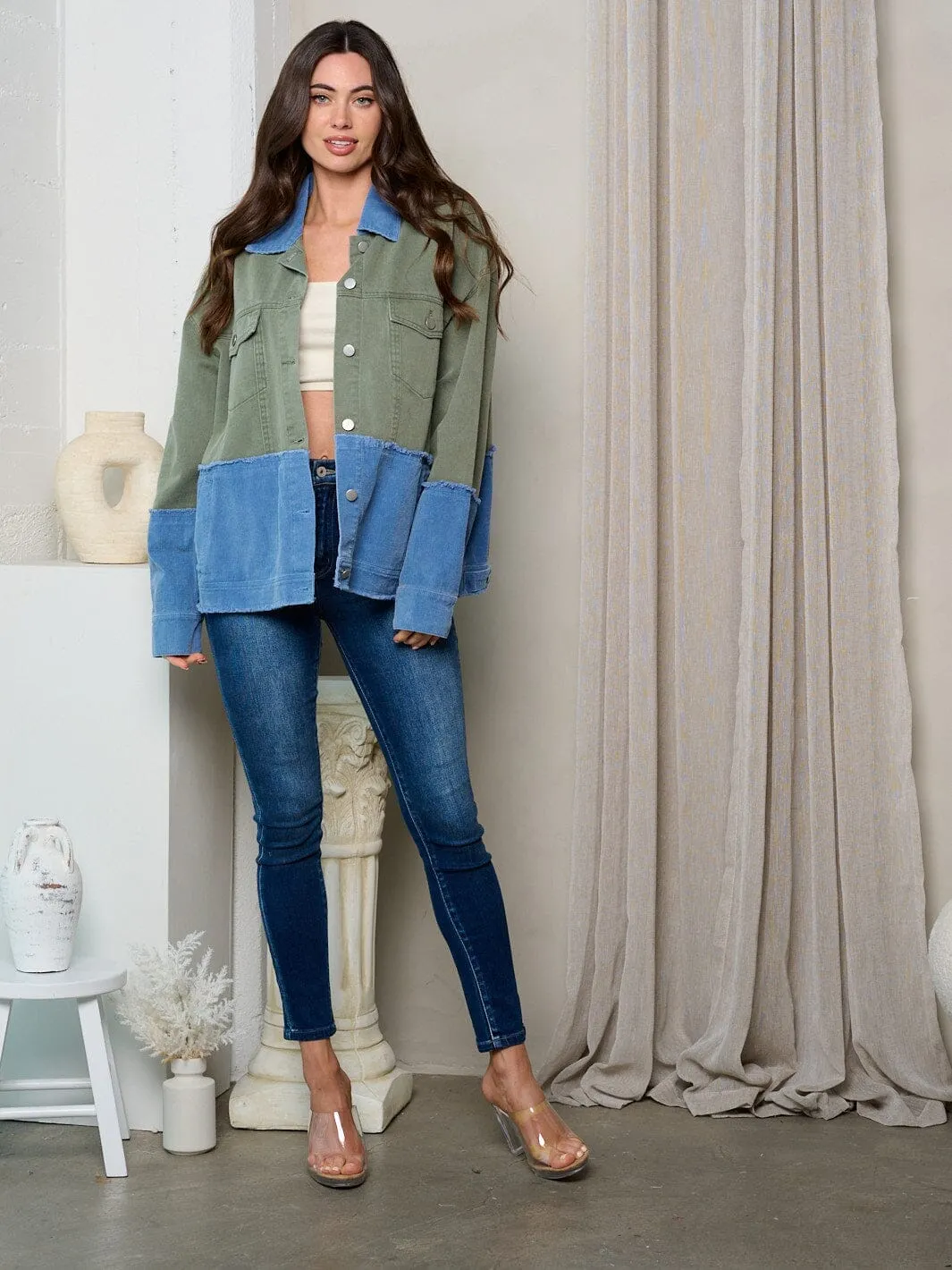 WOMEN'S LONG SLEEVE BUTTON UP CORDUROY COLORBLOCK JACKET