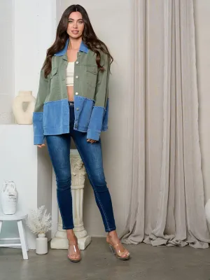 WOMEN'S LONG SLEEVE BUTTON UP CORDUROY COLORBLOCK JACKET