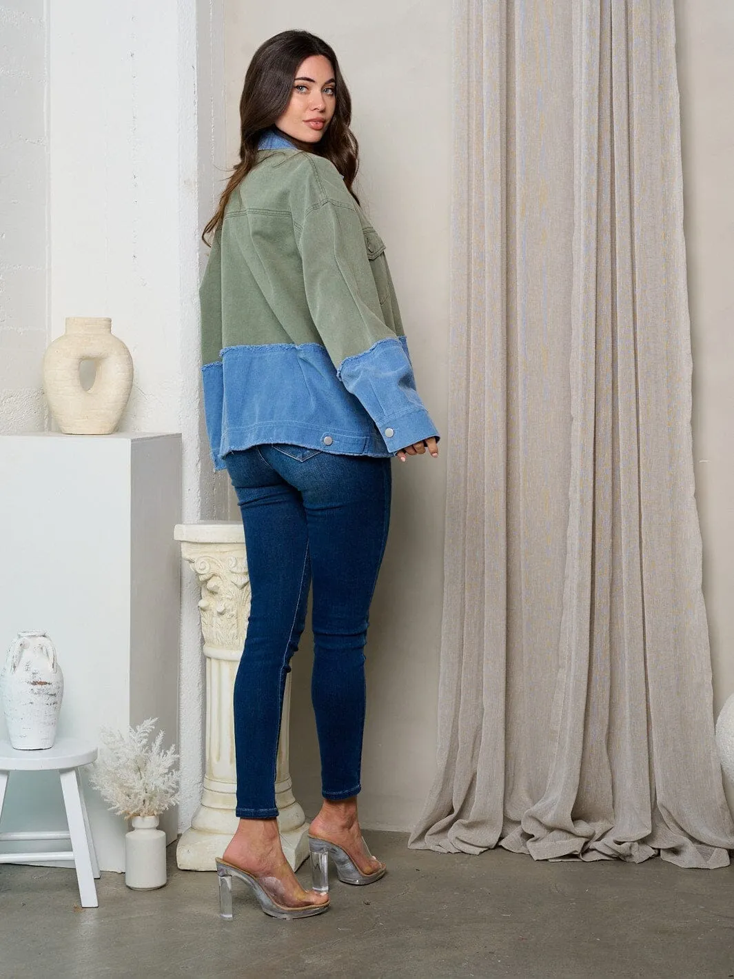 WOMEN'S LONG SLEEVE BUTTON UP CORDUROY COLORBLOCK JACKET