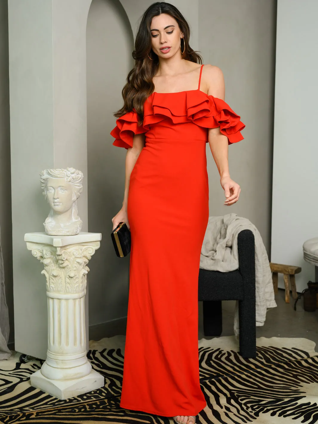 WOMEN'S OFF SHOULDER RUFFLE MAXI DRESS