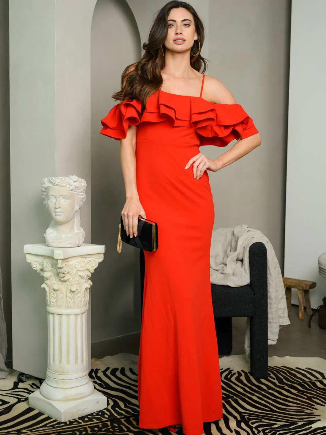WOMEN'S OFF SHOULDER RUFFLE MAXI DRESS