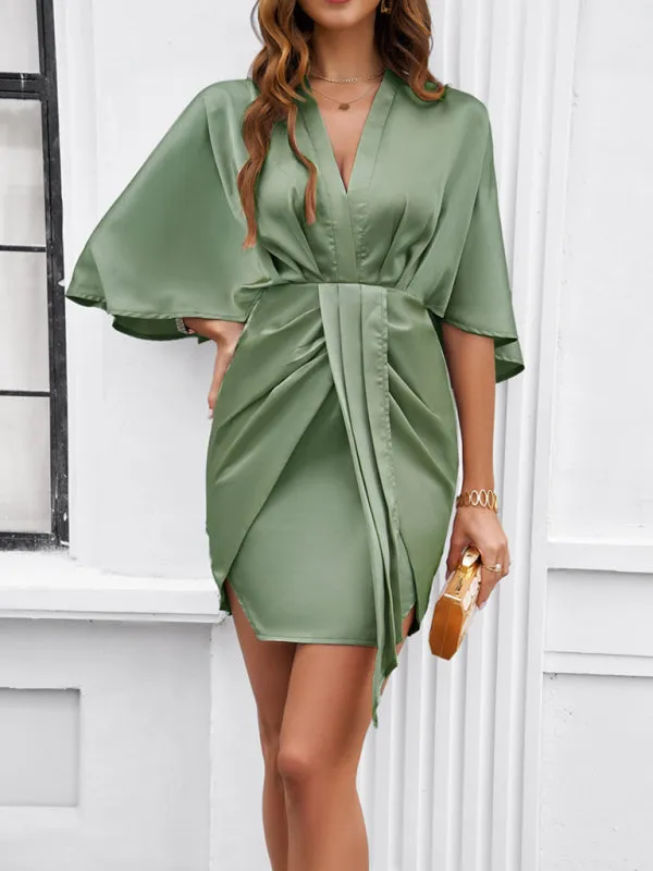Women's Satin Batwing Sleeve Knot Dress for Cocktail Parties