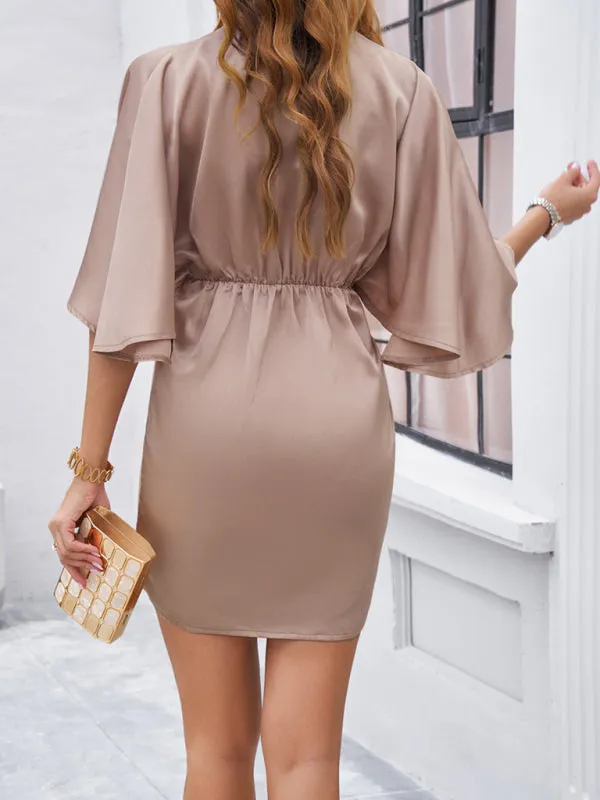 Women's Satin Batwing Sleeve Knot Dress for Cocktail Parties