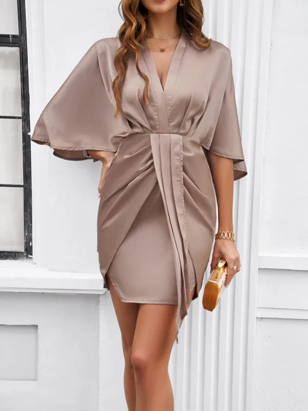 Women's Satin Batwing Sleeve Knot Dress for Cocktail Parties