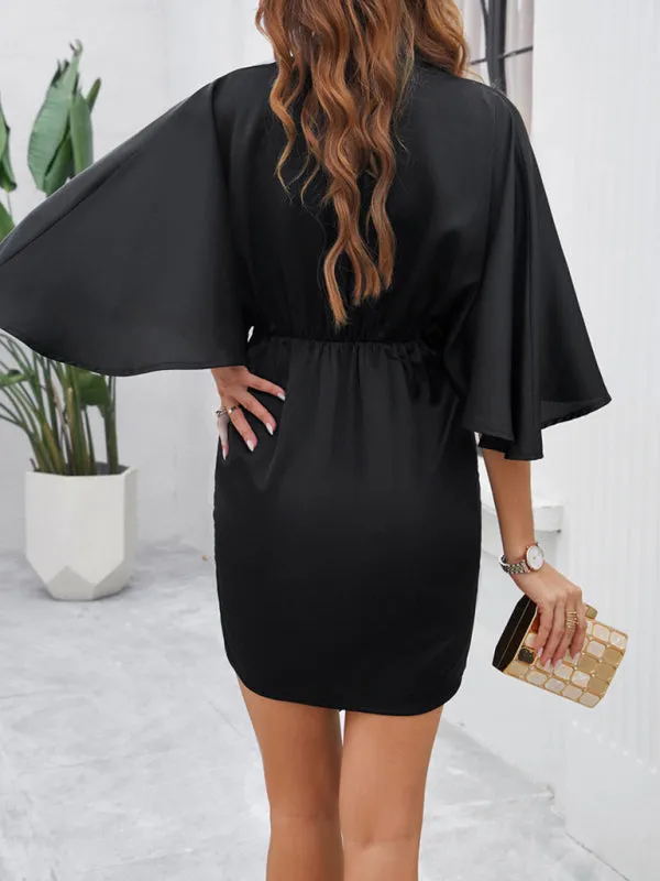 Women's Satin Batwing Sleeve Knot Dress for Cocktail Parties