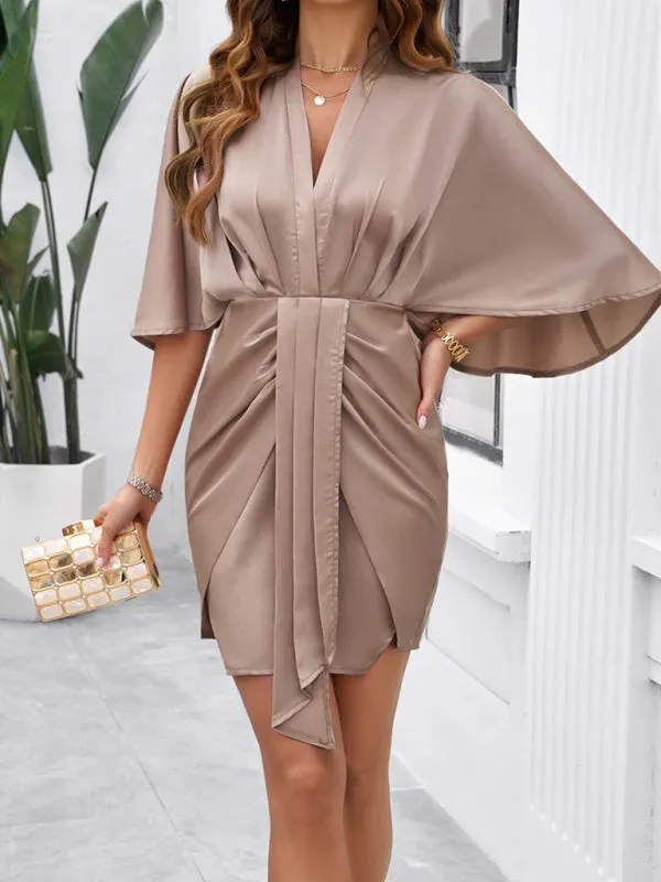 Women's Satin Batwing Sleeve Knot Dress for Cocktail Parties