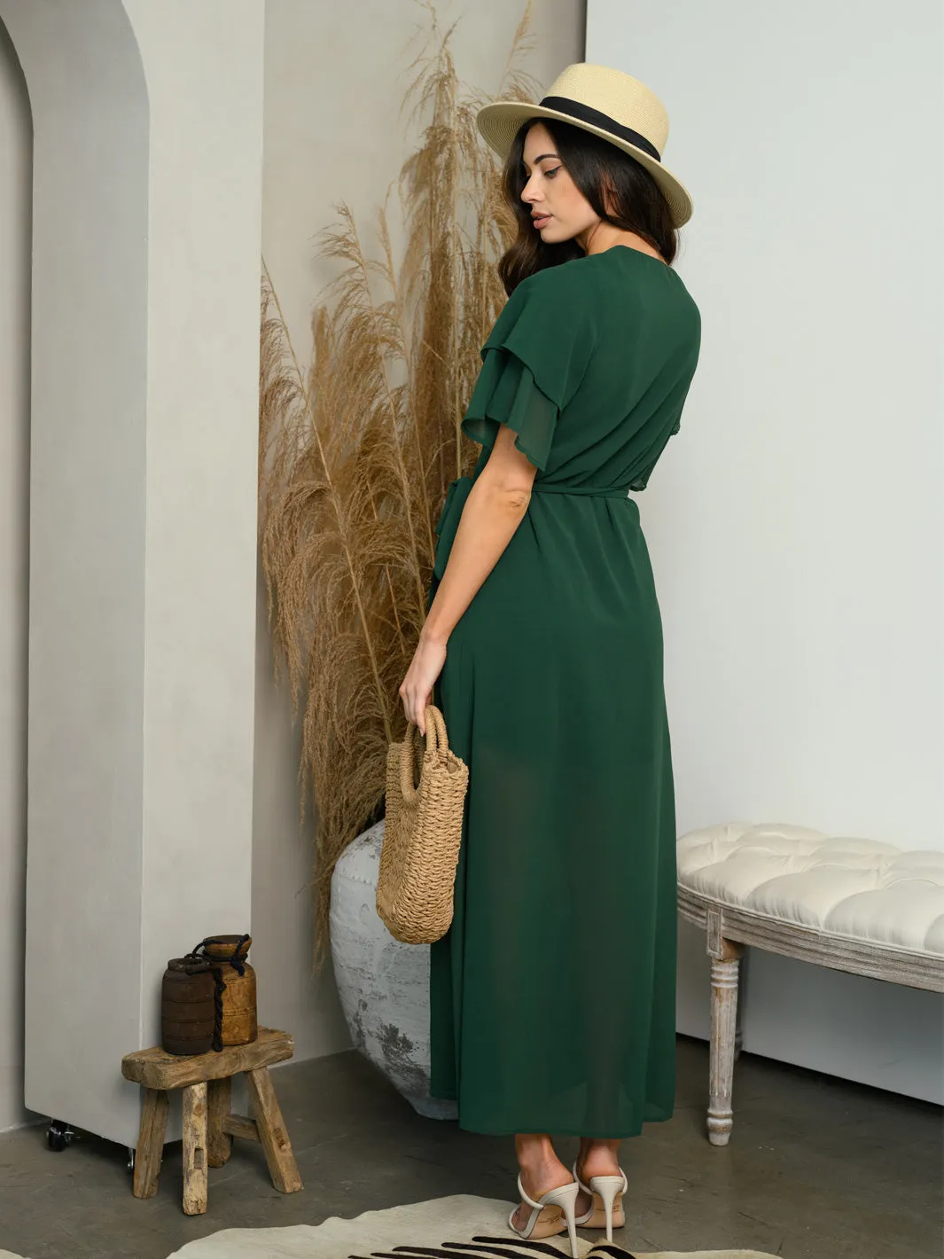 WOMEN'S SHORT RUFFLE SLEEVE WRAP MAXI DRESS