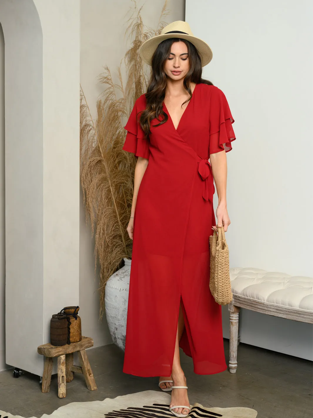 WOMEN'S SHORT RUFFLE SLEEVE WRAP MAXI DRESS