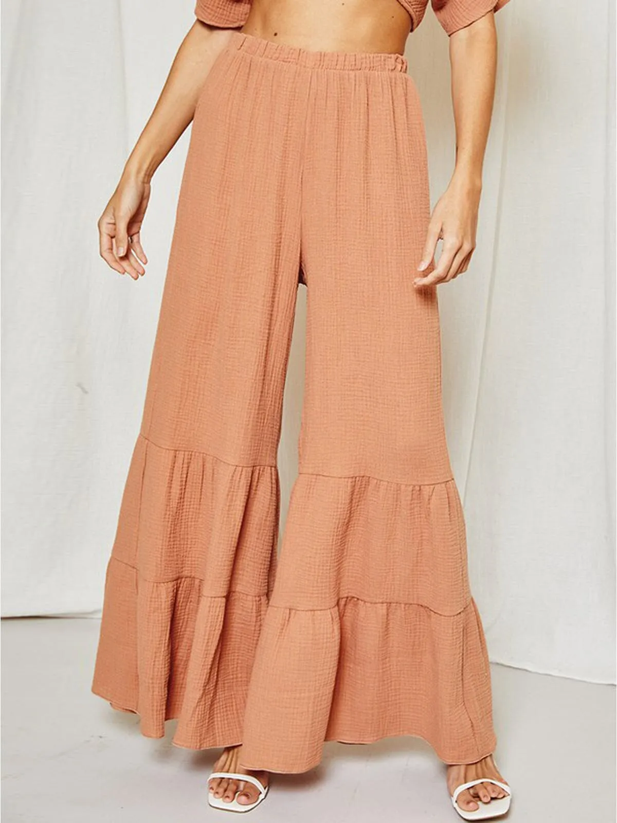 WOMEN'S TIERED BELL BOTTOMS SOLID PANTS