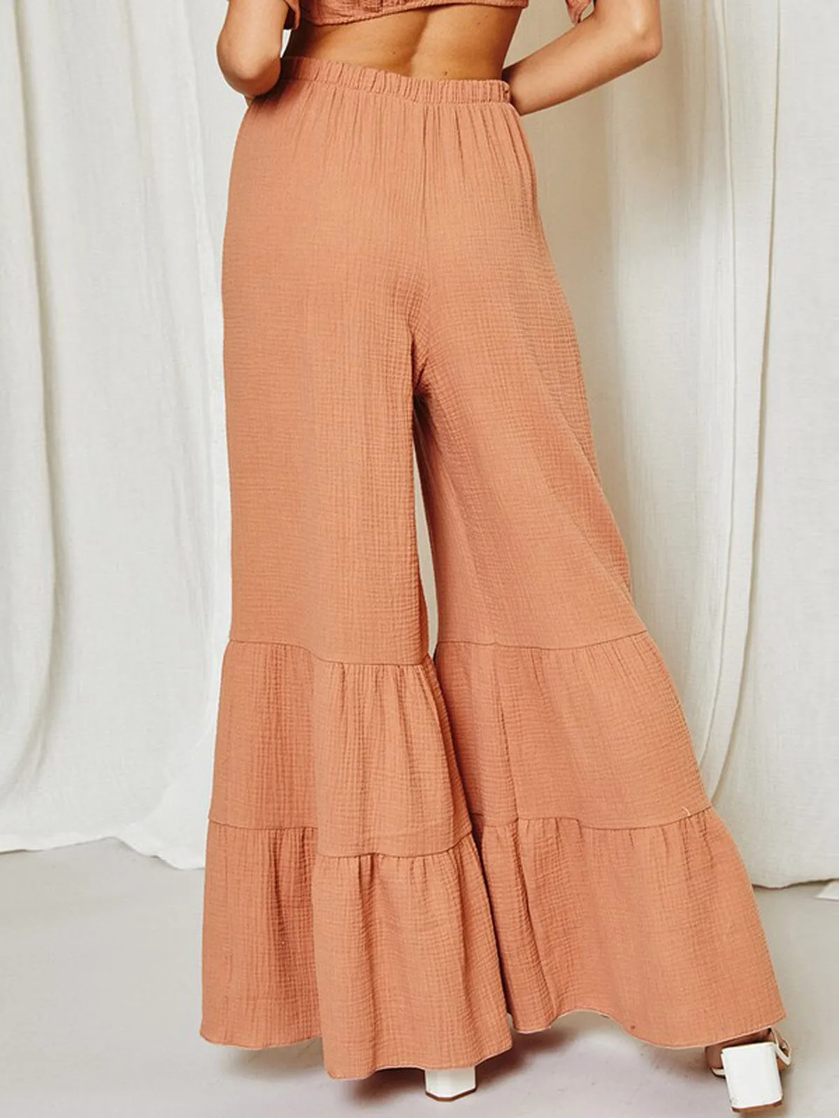 WOMEN'S TIERED BELL BOTTOMS SOLID PANTS