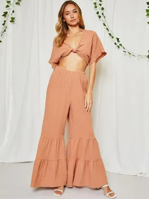 WOMEN'S TIERED BELL BOTTOMS SOLID PANTS