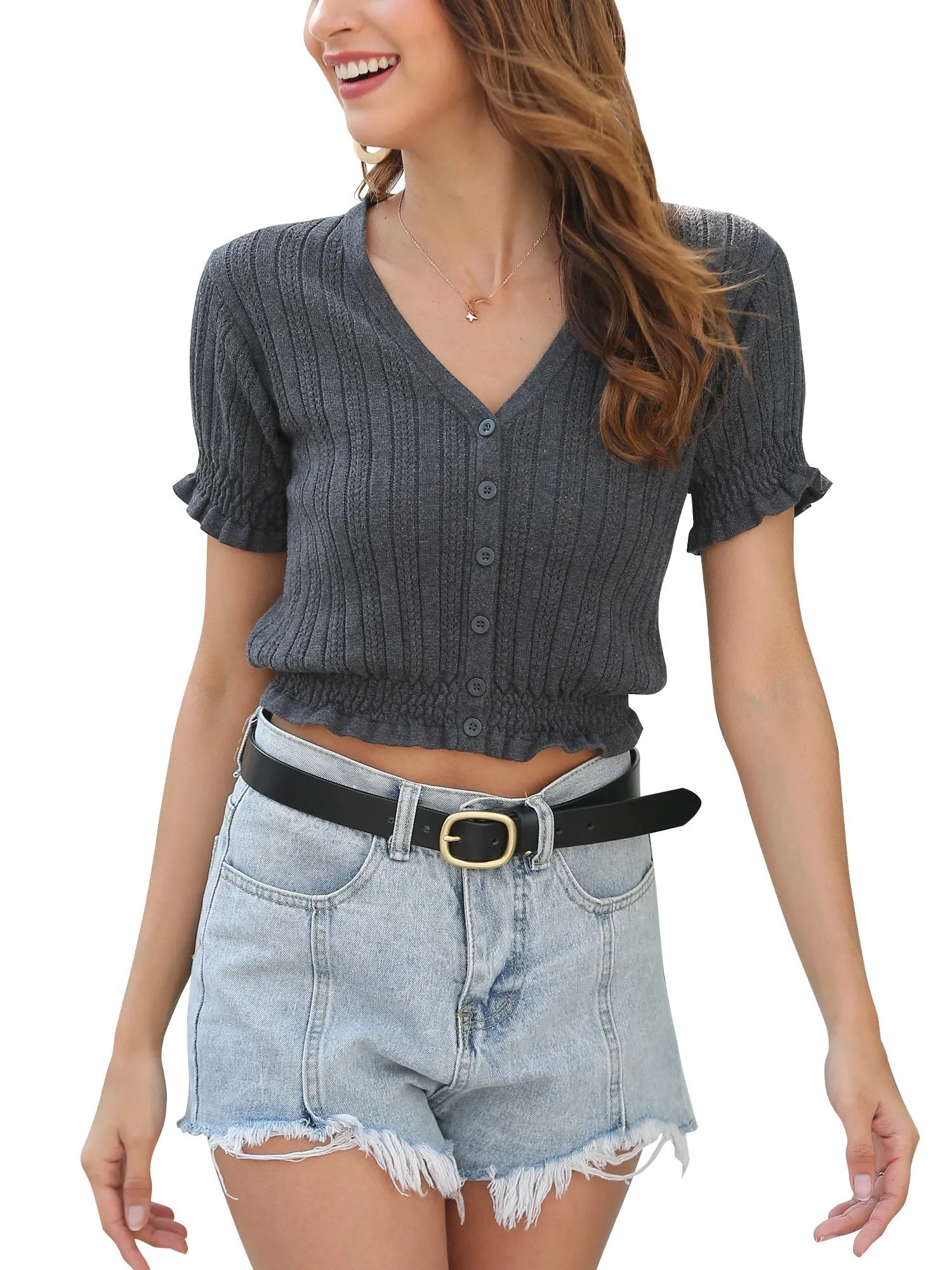 Women's V Neck Crop Tops Short Sleeve