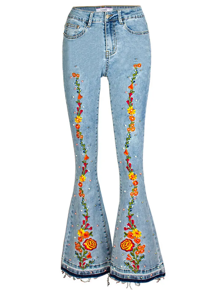 Women's Vintage Style Floral Embroidery Bell Bottom Blue Jeans