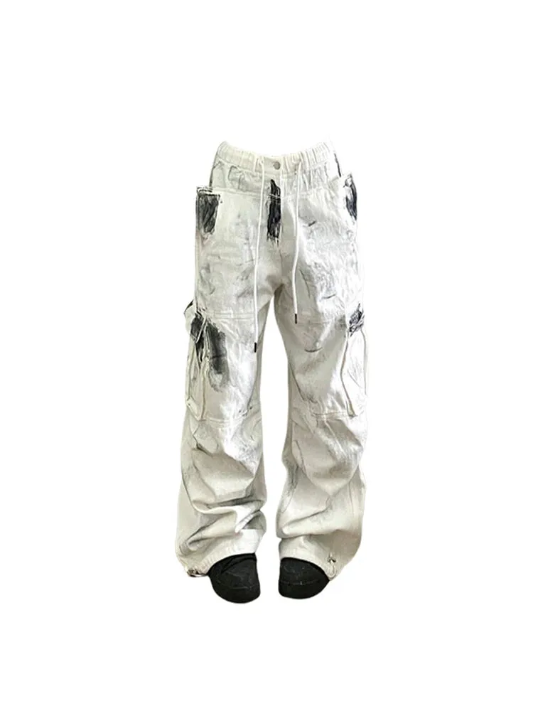 Women's White Cargo Jeans Y2k Vintage High Waist Wide Leg Tie Dye Denim Trousers Baggy Jean Cargo Pants Vintage 2000s