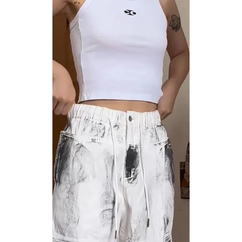 Women's White Cargo Jeans Y2k Vintage High Waist Wide Leg Tie Dye Denim Trousers Baggy Jean Cargo Pants Vintage 2000s
