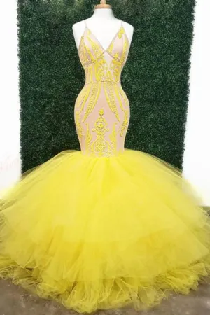 Yellow Deep V Neck Lace Appliques Mermaid Prom Dresses