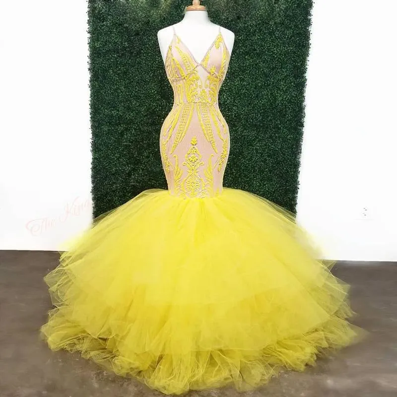 Yellow Deep V Neck Lace Appliques Mermaid Prom Dresses