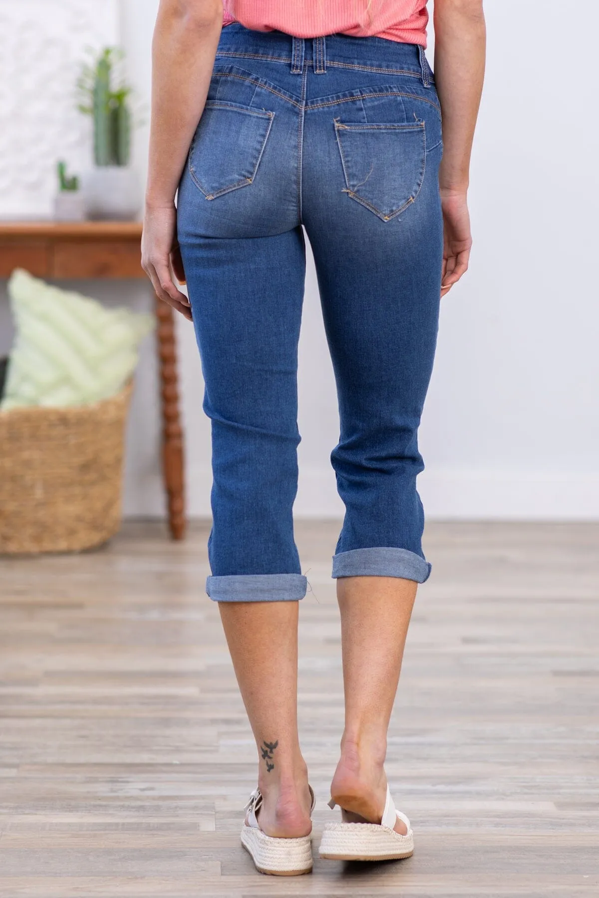 YMI Medium Wash High Rise Roll Cuff Capris