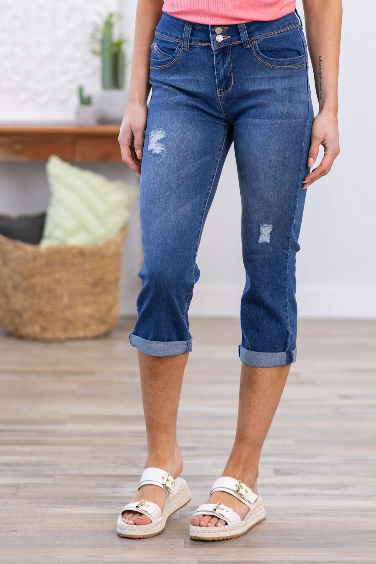 YMI Medium Wash High Rise Roll Cuff Capris