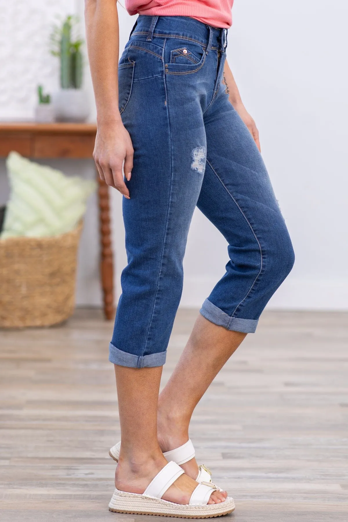 YMI Medium Wash High Rise Roll Cuff Capris