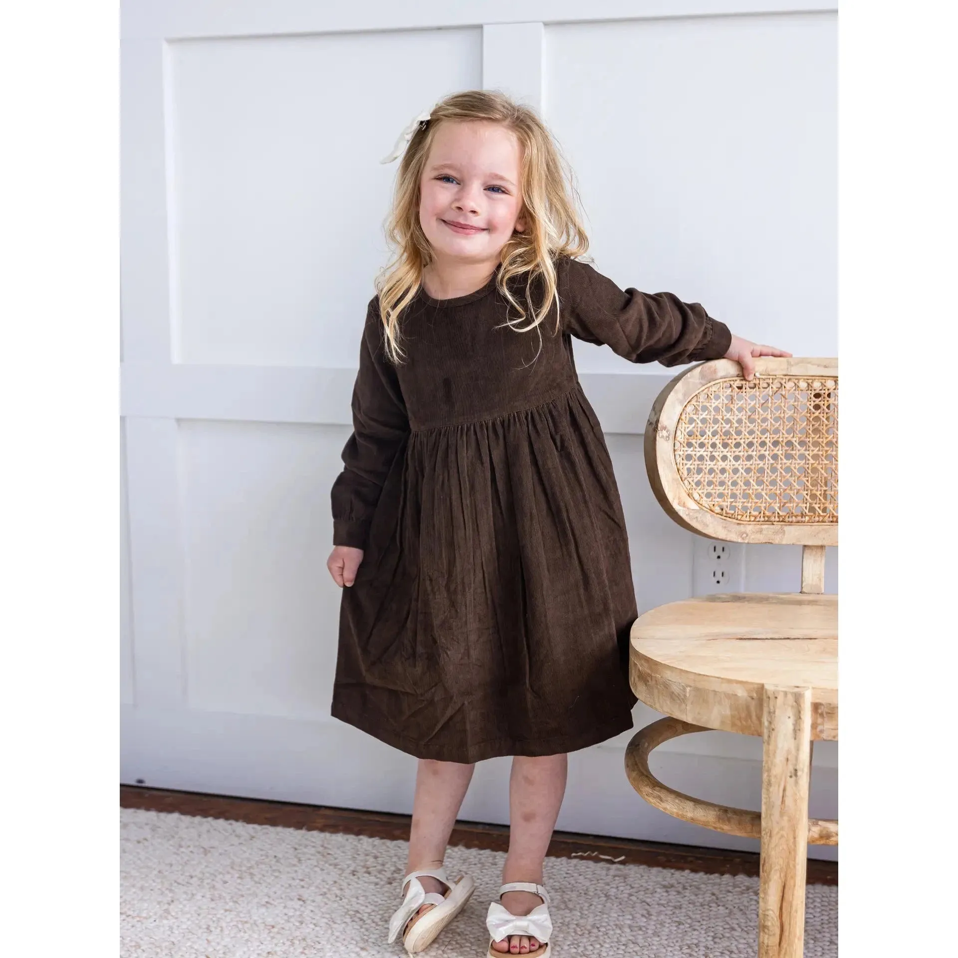 Yo Baby Brown Corduroy Solid Color Long Sleeves Gathered Dress