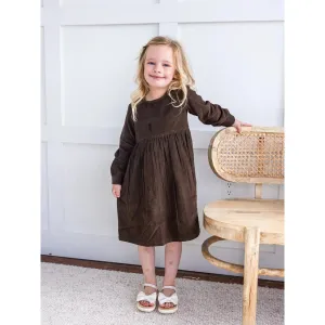 Yo Baby Brown Corduroy Solid Color Long Sleeves Gathered Dress