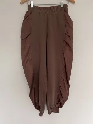ZARA Womens Elastic Waist Cargo Pants Sz L Brown Parachute Oversized Relaxed Fit