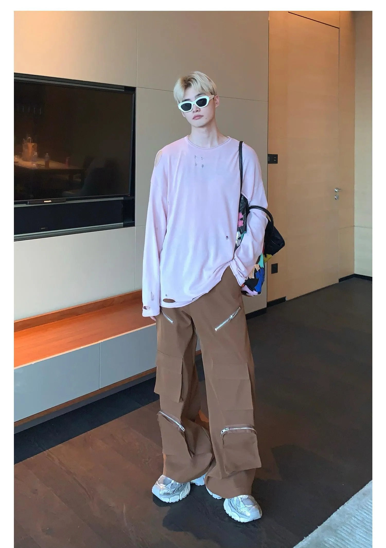 Zipper Multi-pocket Wide-leg Cargo Pants