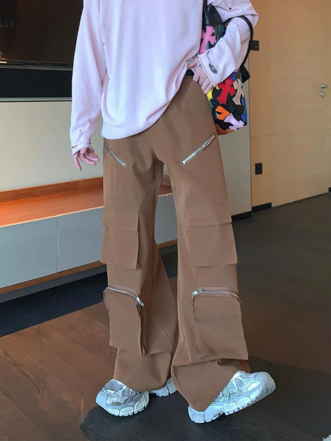 Zipper Multi-pocket Wide-leg Cargo Pants