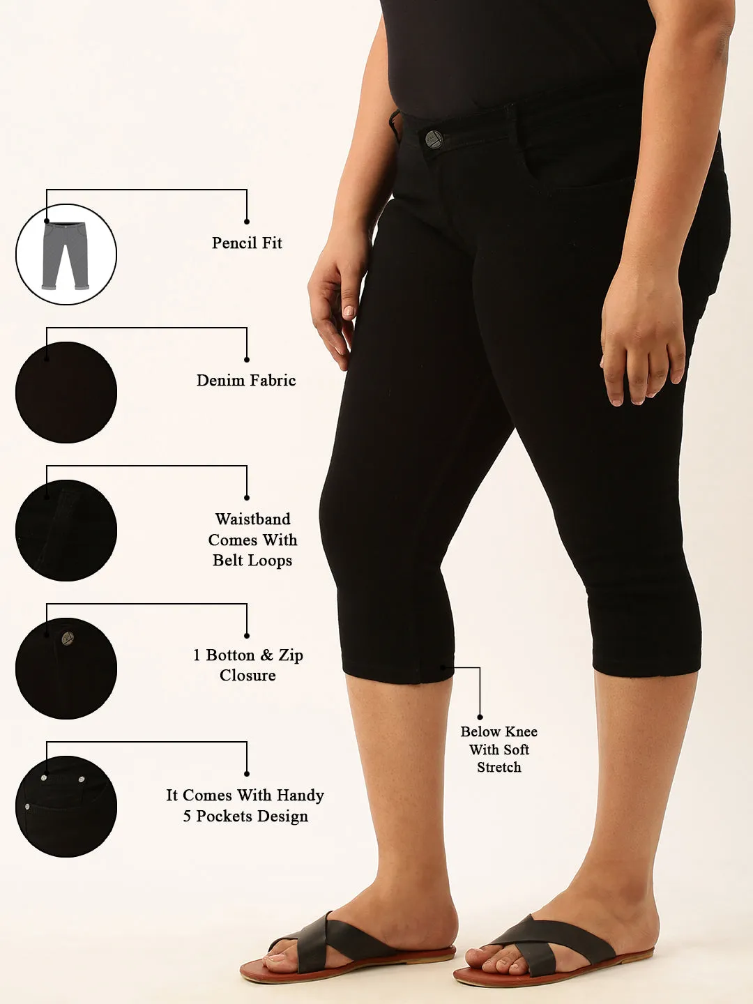 ZOLA Black Pencil Fit Culottes Length Denim Capris For Women