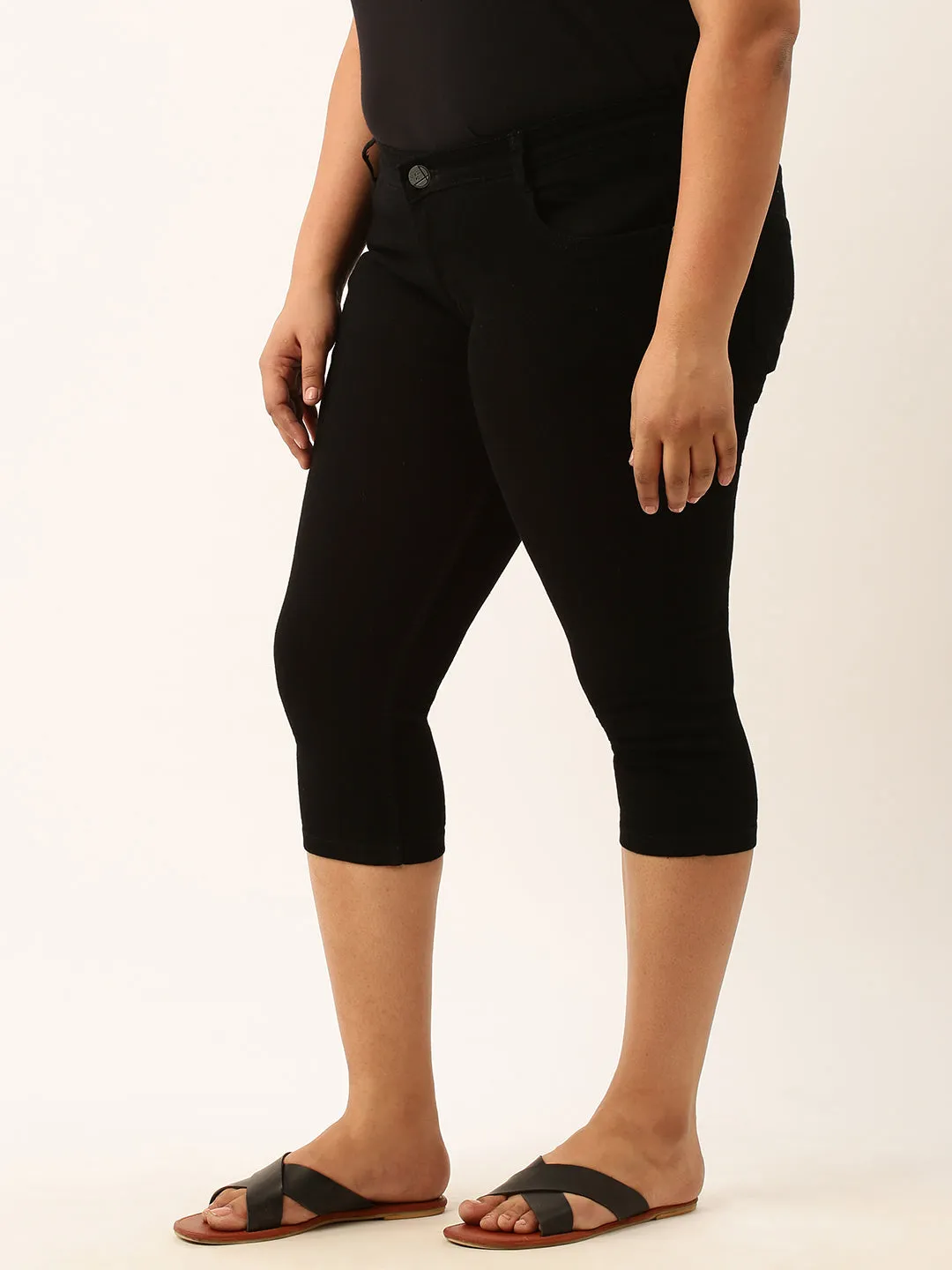 ZOLA Black Pencil Fit Culottes Length Denim Capris For Women
