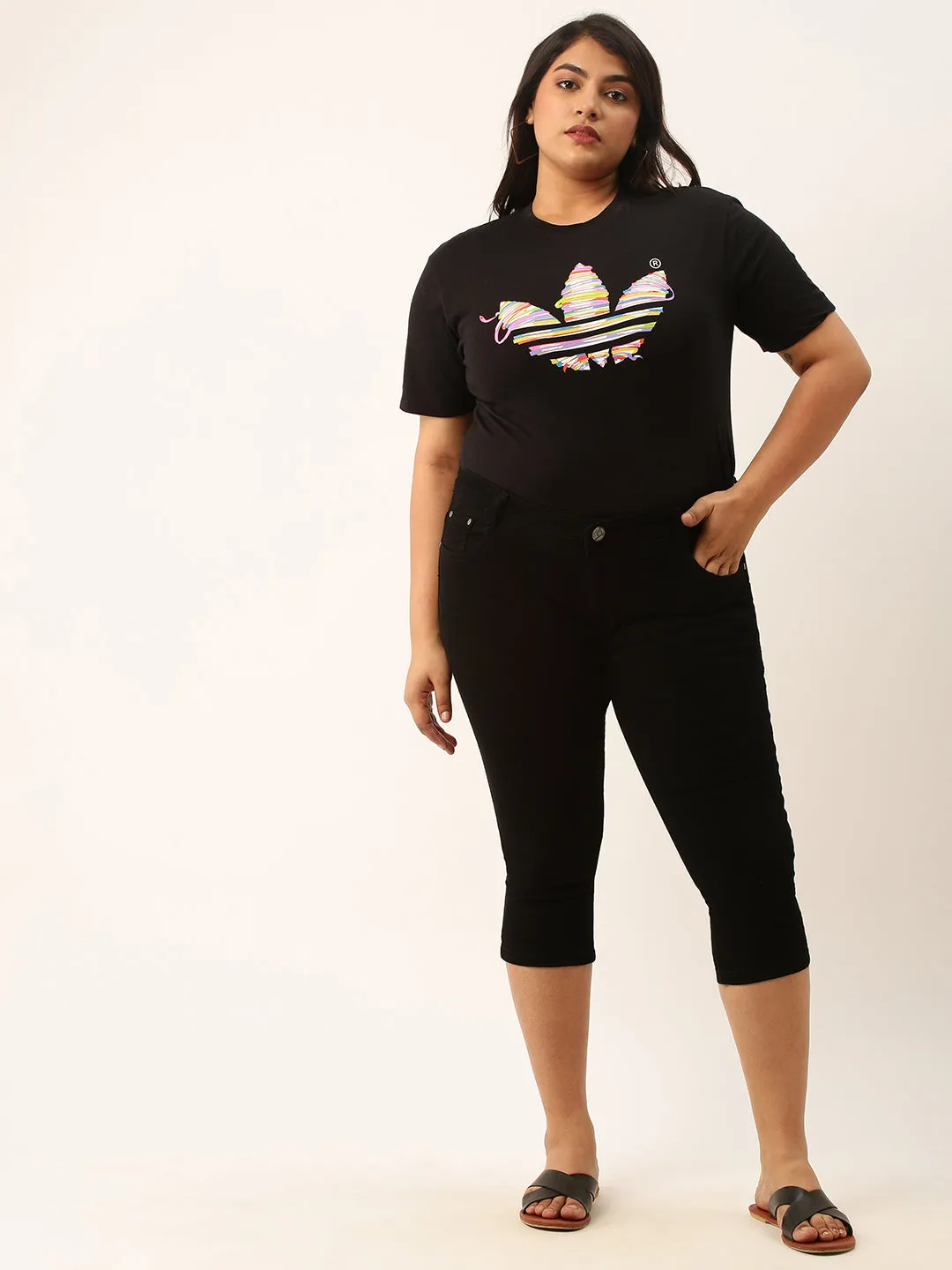 ZOLA Black Pencil Fit Culottes Length Denim Capris For Women