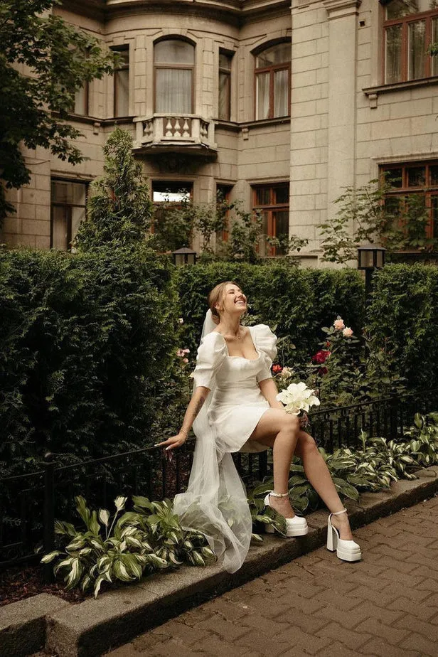 Zola | Bodycon Square Neck Satin Short Wedding Dresses with Lantern Sleeves