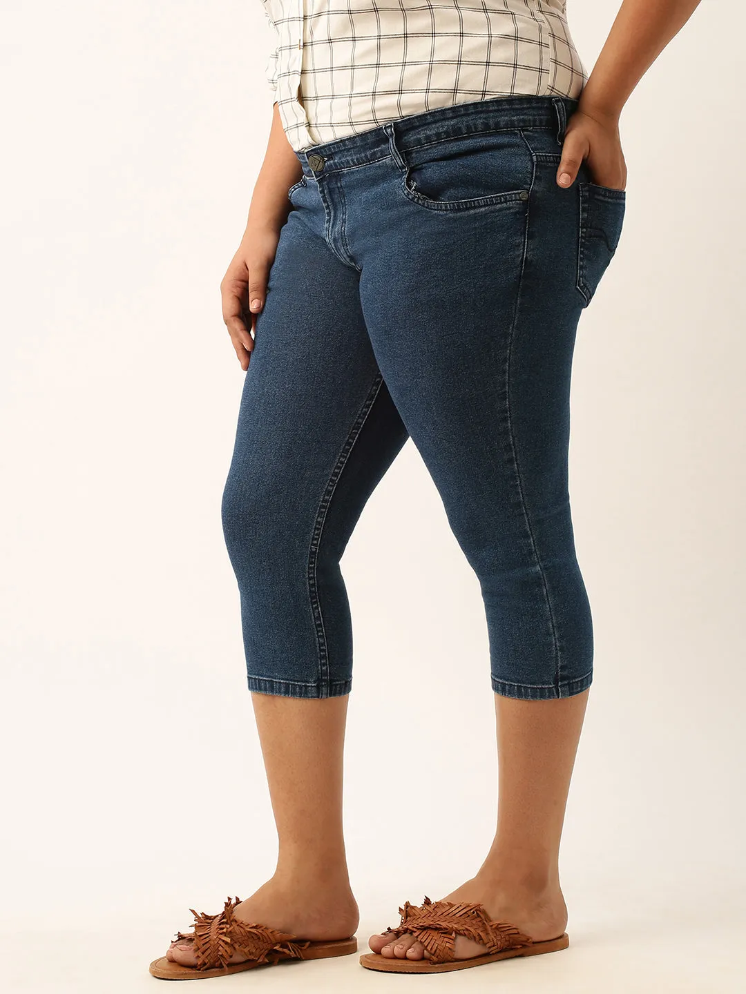 ZOLA Dx Blue Pencil Fit Culottes Length Denim Capris For Women