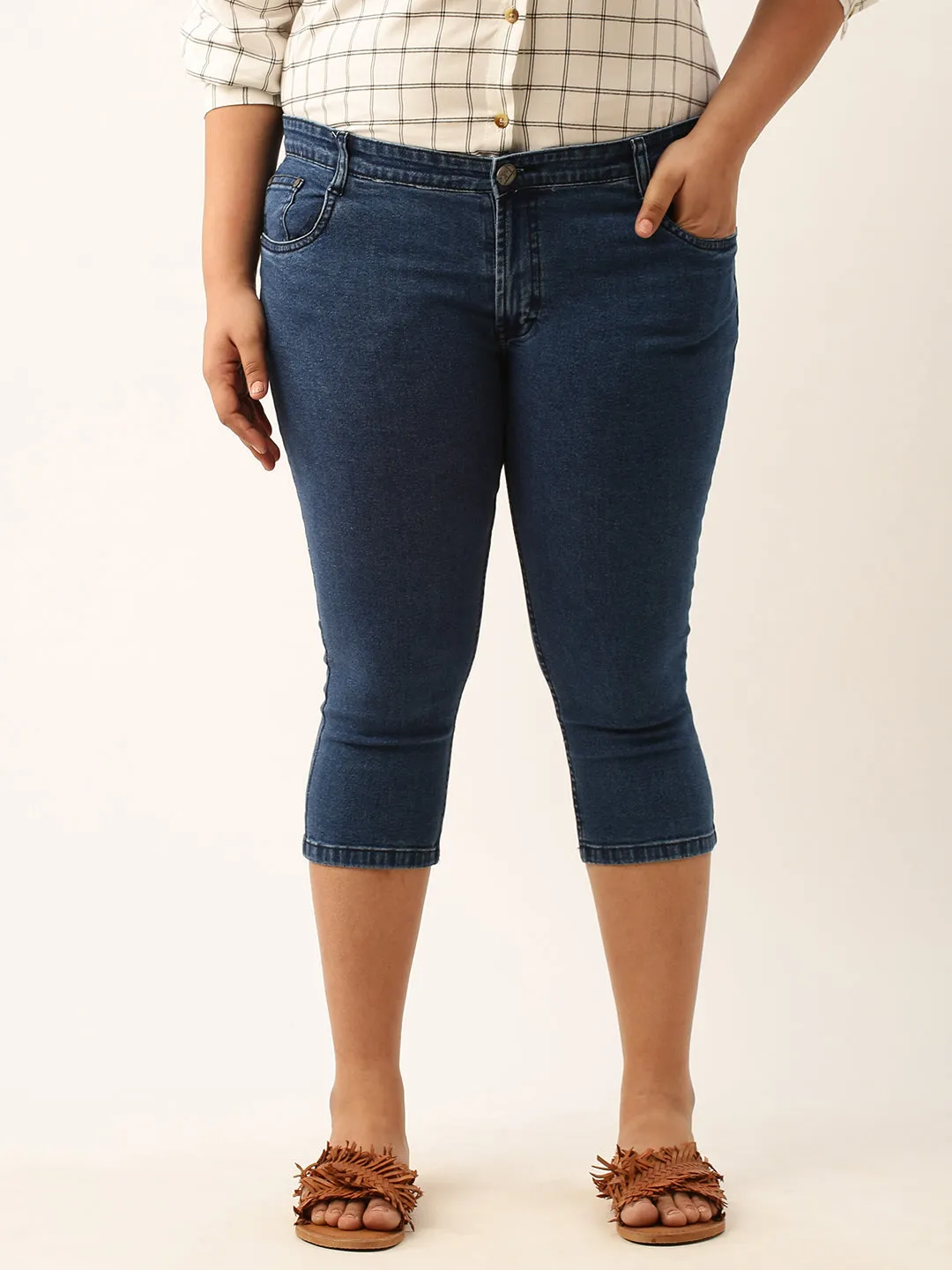 ZOLA Dx Blue Pencil Fit Culottes Length Denim Capris For Women