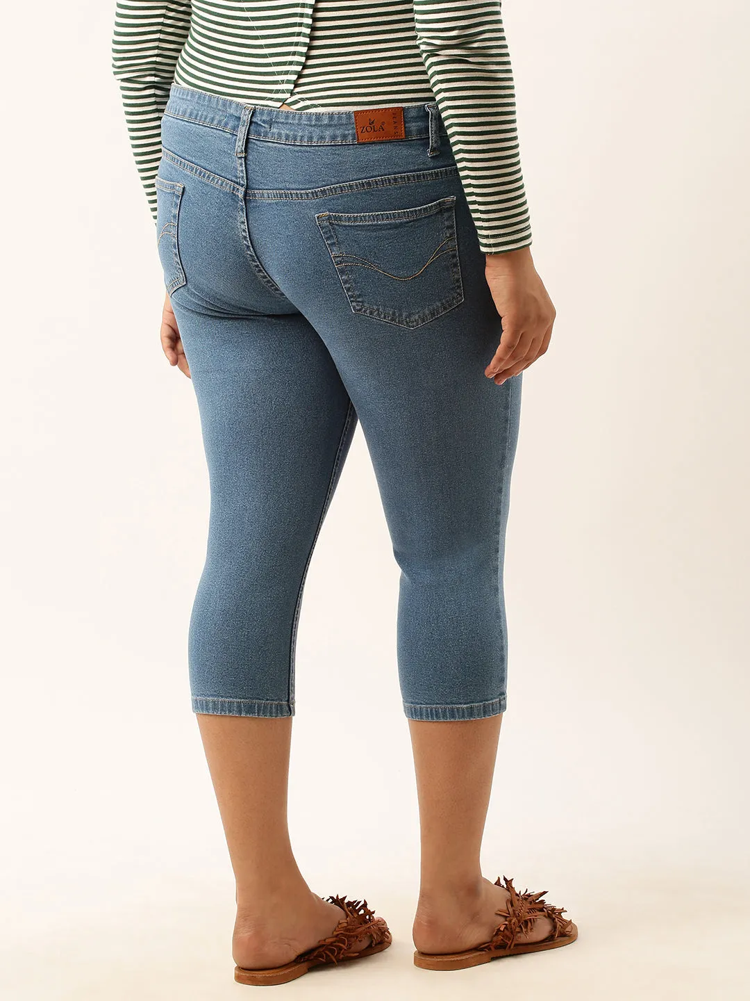 ZOLA Stone Blue Pencil Fit Culottes Length Denim Capris For Women
