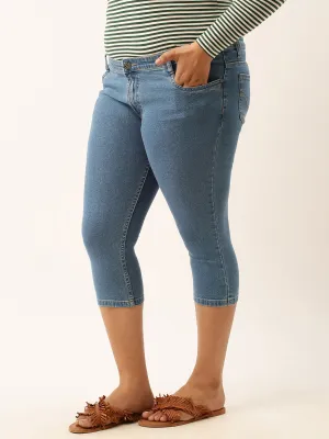 ZOLA Stone Blue Pencil Fit Culottes Length Denim Capris For Women