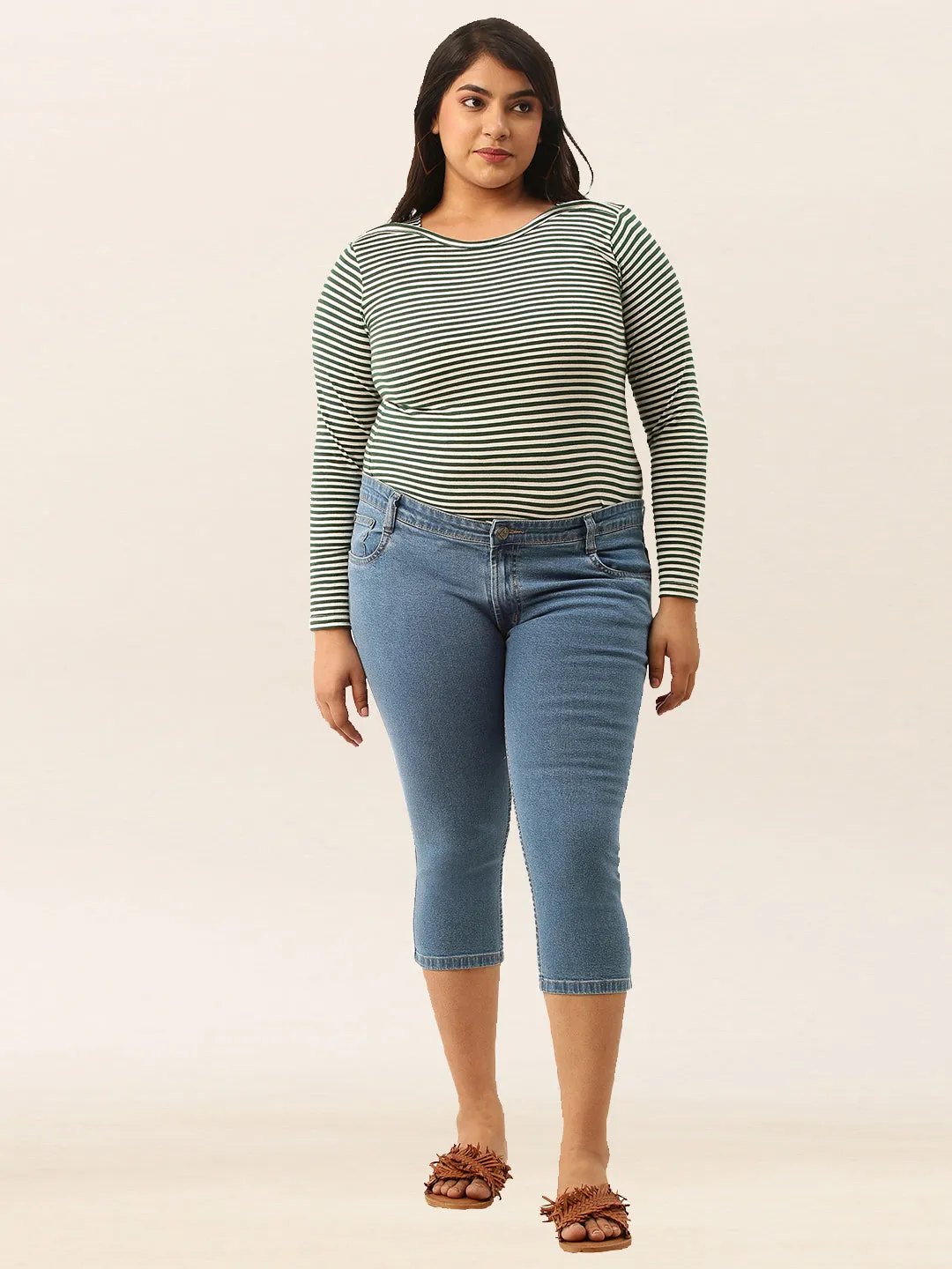 ZOLA Stone Blue Pencil Fit Culottes Length Denim Capris For Women