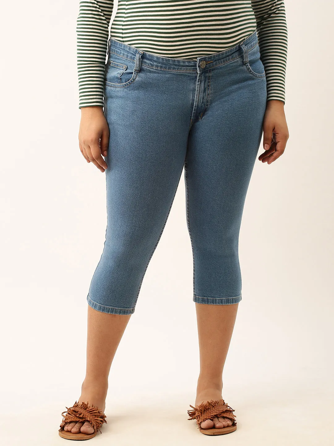 ZOLA Stone Blue Pencil Fit Culottes Length Denim Capris For Women