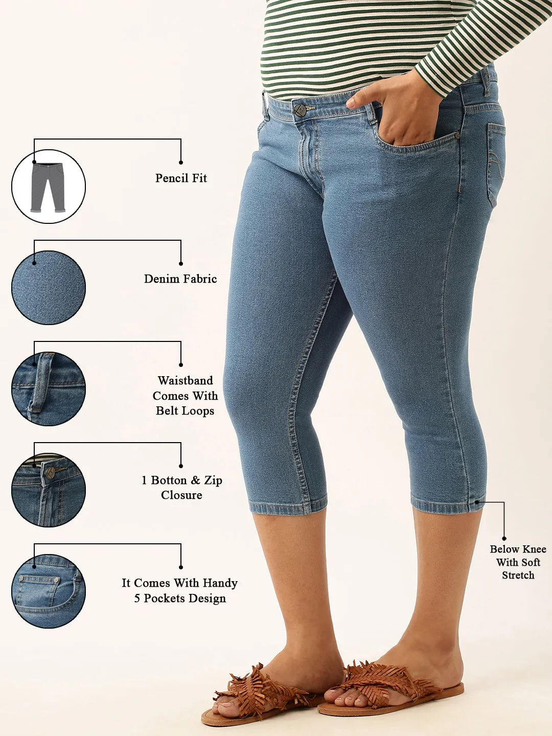 ZOLA Stone Blue Pencil Fit Culottes Length Denim Capris For Women